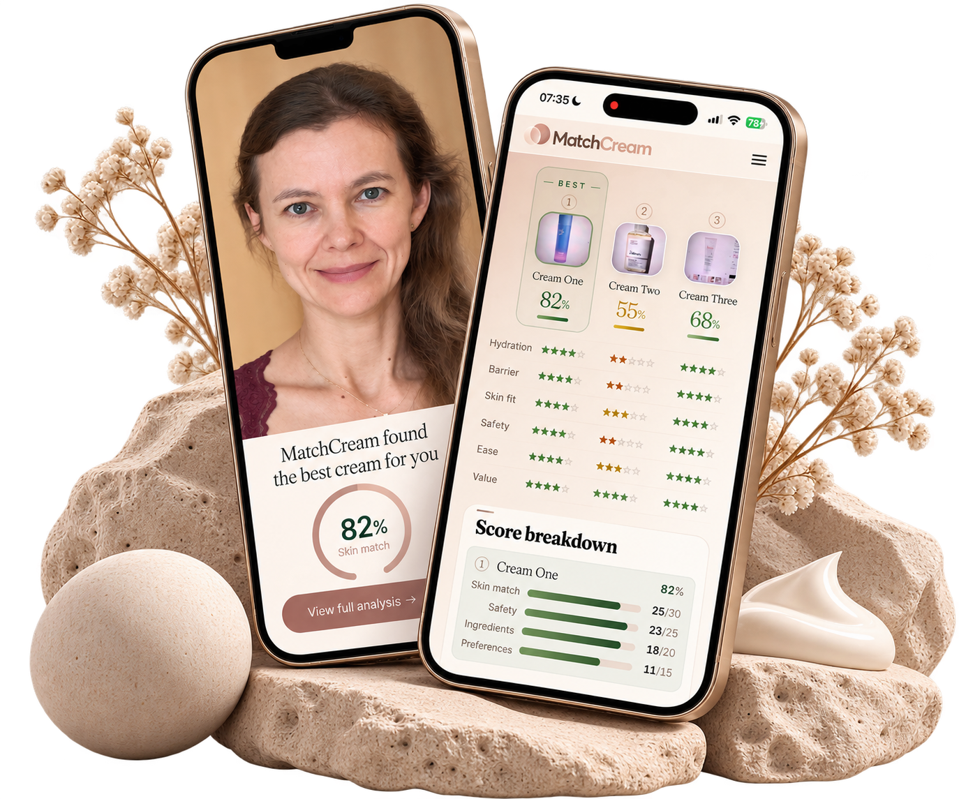 The MatchCream app showing a skin profile and a live skin scan